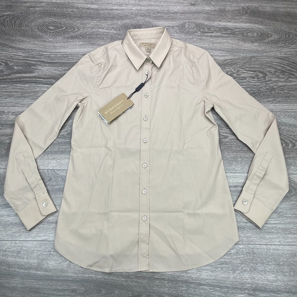 Burberry London Shirt Womens 4 Beige Long Sleeve Button Up Minimalist Office Top - Picture 1 of 15